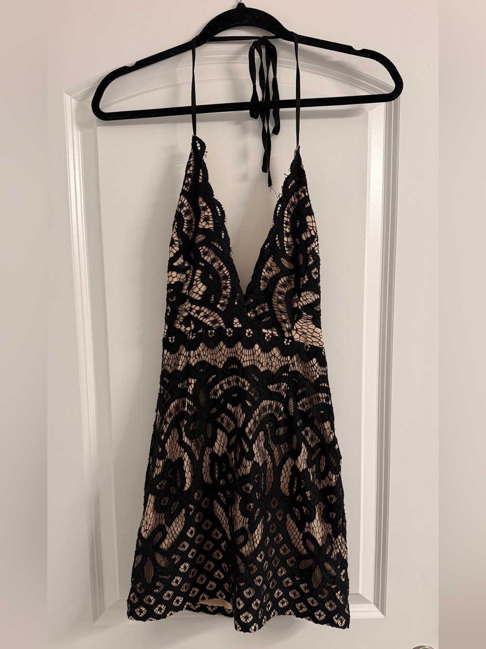 Tobi Black Lace Mini Dress with Nude Lining